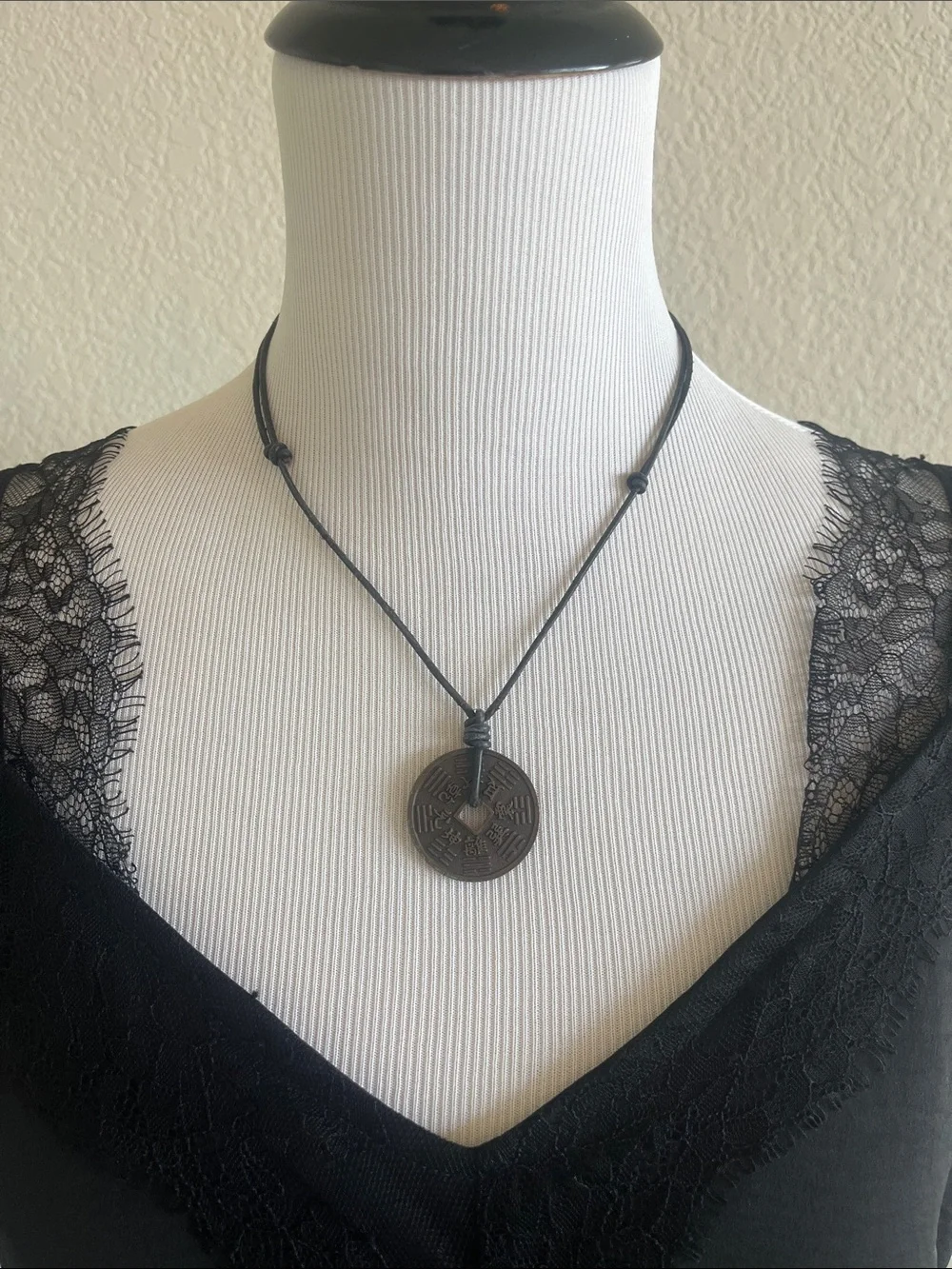 Black Cord Coin Pendant Necklace - Unbranded